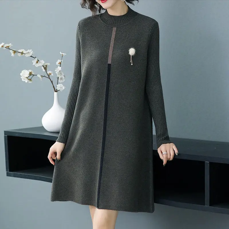 Women Autumn Winter Oversize Dress Knitting Sweater 2024 New Fashion Half High Collar Solid Patchwork Slim Office Lady Dress