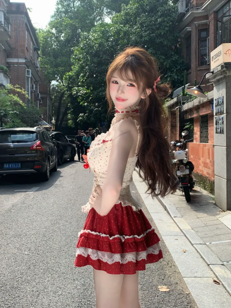 Sommer Süße Off Schulter Sling 2-teiliges Set frauen Cottagecore Dünne Spitze Weste Tops Design High-taille kirsche Kuchen Kurzen Rock