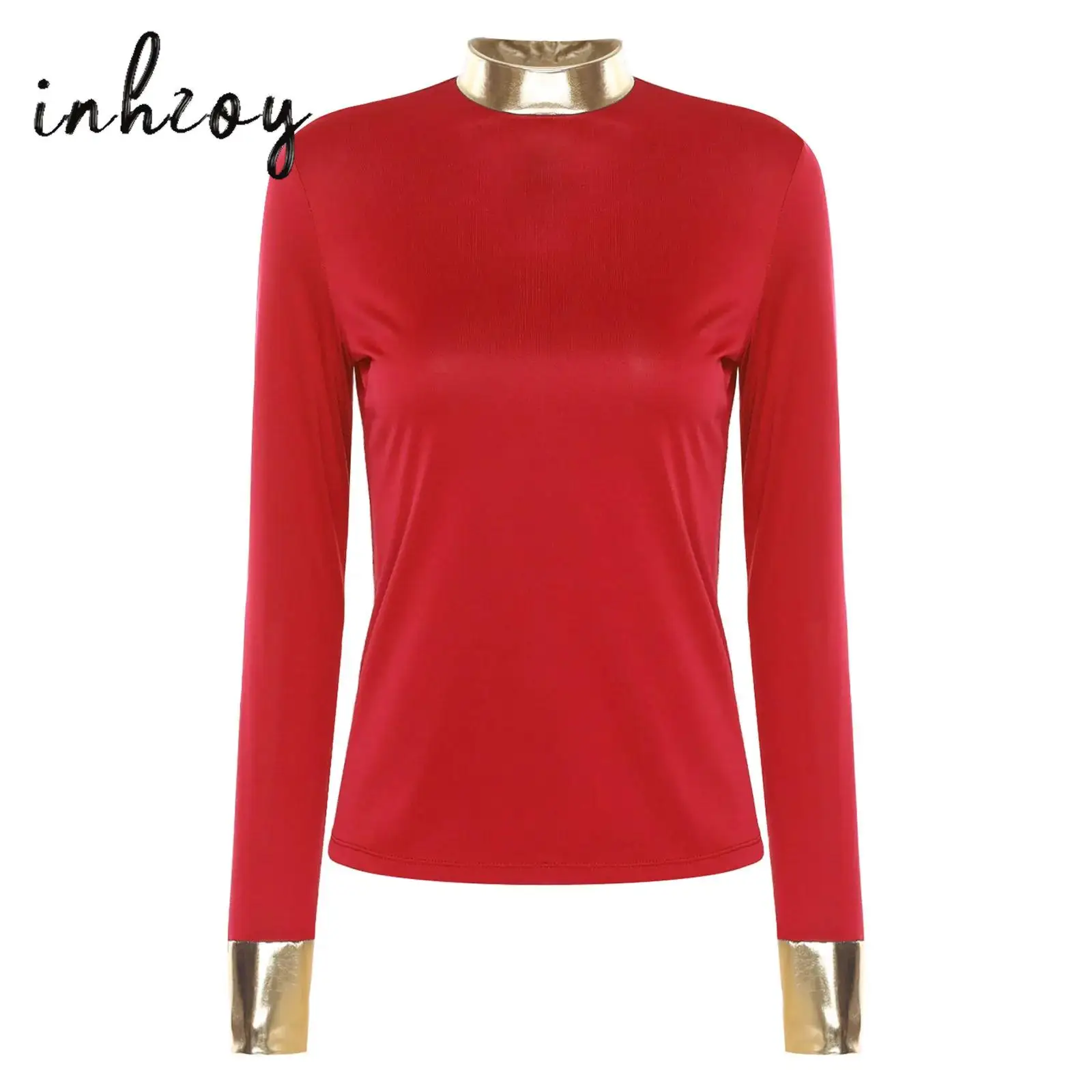 

Womens Worship Praise Dance Tops Stand Collar Long Sleeve Metallic Shiny Spliced T-shirt Blouses for Lyrical Modern Dance Show