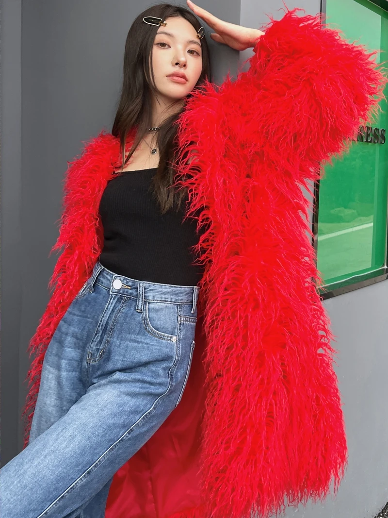 Female Fashion Red Faux Fur Coat V-neck Lady Long Jacket Shaggy Outerwear Women\'s Coats Factory Direct Sales