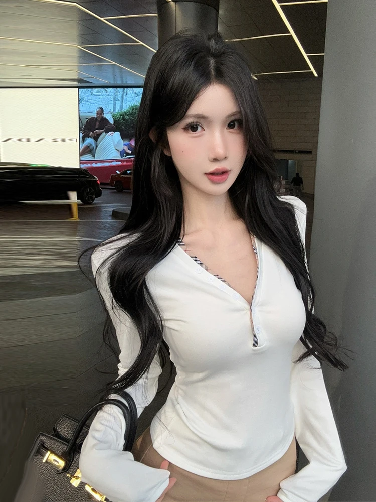 Slim Fit V-Neck Long Sleeve T-Shirt Color Block Base Layer Top Pure Desire Style Early Autumn New Arrival Simple Overhead Kni...