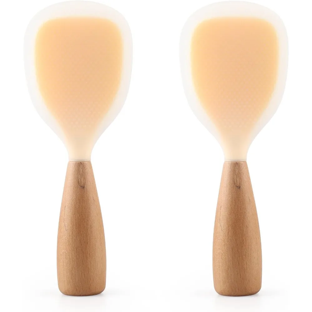 

2 упаковки силиконовой ложки для риса с деревянной ручкой, антипригарная стоячая лопаточка для рисоварки, кухонный инструмент, прозрачный