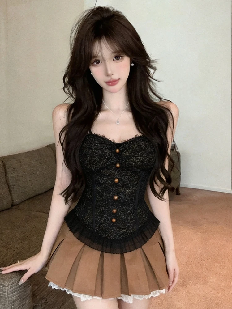 Pure Desire Sexy Lace Fishbone Strap Vest Backless Slimming Top Sleeveless Women's Single Wear Casual Breathable V-neck
