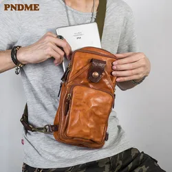 Pndme Vintage High Quality Genuine Leather Men Chest Bag Fashion Casual Real Cowhide Designer Luxury Teen Shoulder Crossbody Bag