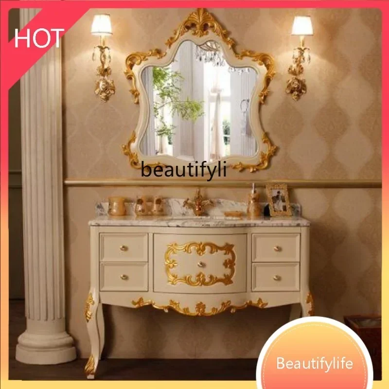 AA85 Luxurious European Style Bathroom Cabinet Red Oak Wash Basin Combination Bathroom Cabinet Floor Standing