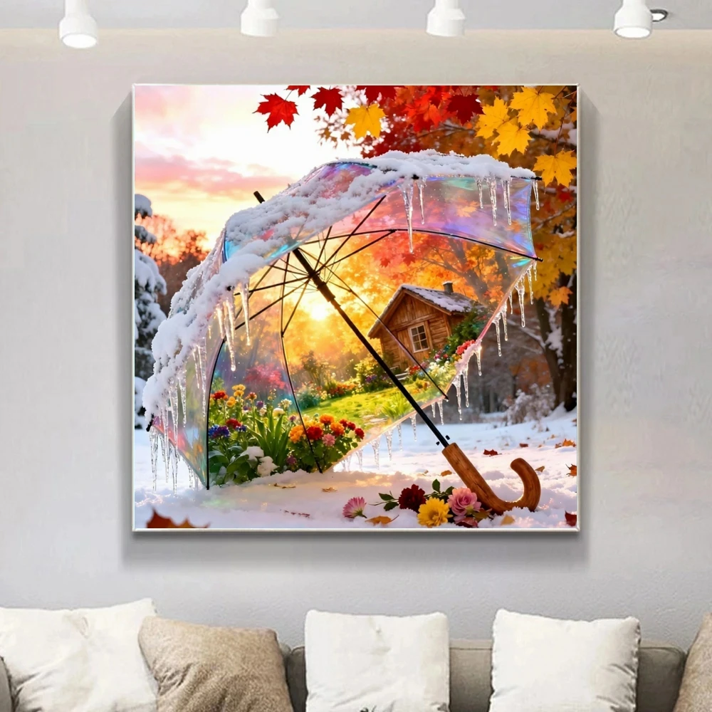 DIY Diamant-Mosaik Regenschirm Ahornblatt Diamantmalerei Herbst-Winter-Landschaft Vollrunde Steine Stickerei Landschaftsdekoration für Zuhause