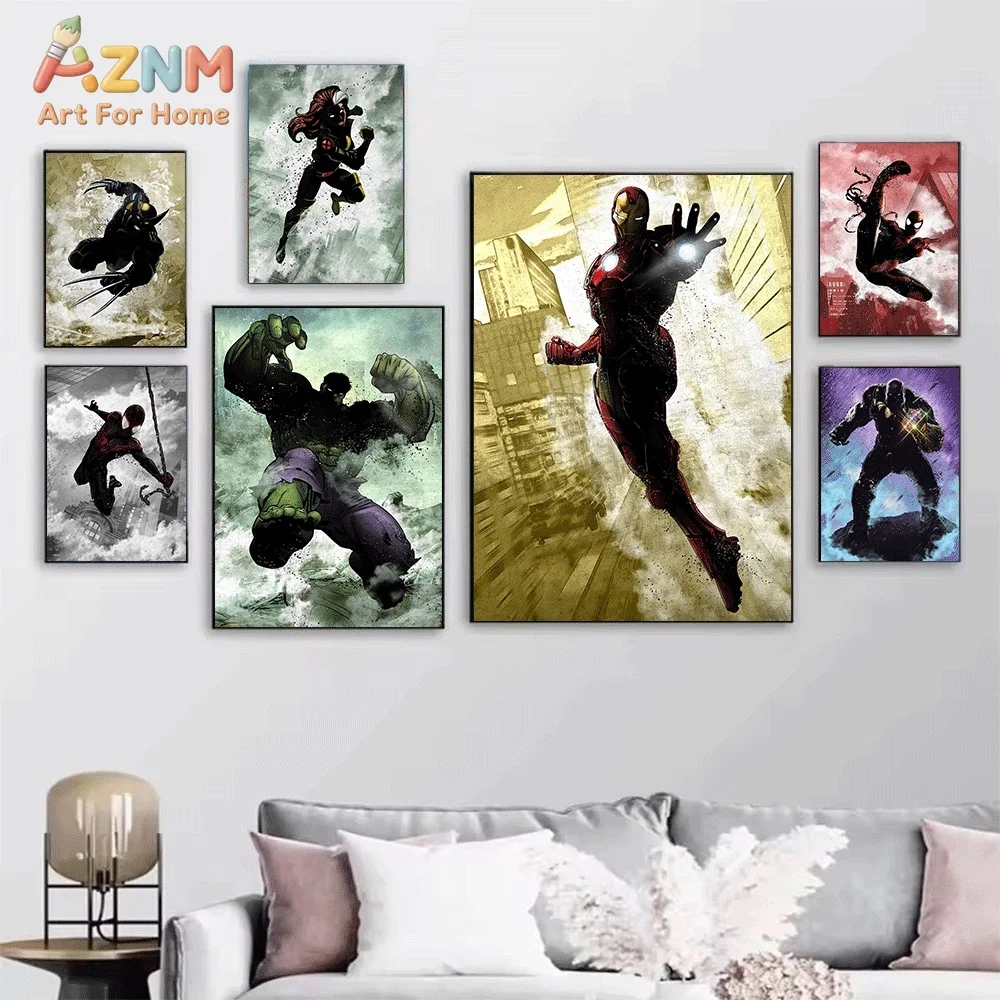 Marvel Superhero Canvas Wall Art Captain America Hulk Iron Man Spider‑Man Thanos Black Panther Watercolor Print Poster, Framel