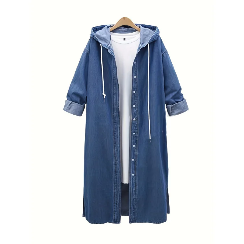 

K 20582 Hooded Denim Long Coat Women's Straight Tube Dress Long Coat City Walk Winter Fashion plus Size Women's Clothing