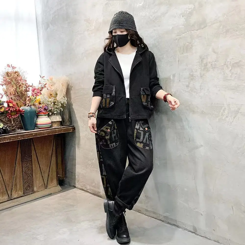 NEW Spring Autumn Denim Jacket Suits Women Retro Hooded Patchwork Letter Jeans Pants Outfit Large Size Denim Coat Two-Piece Sets