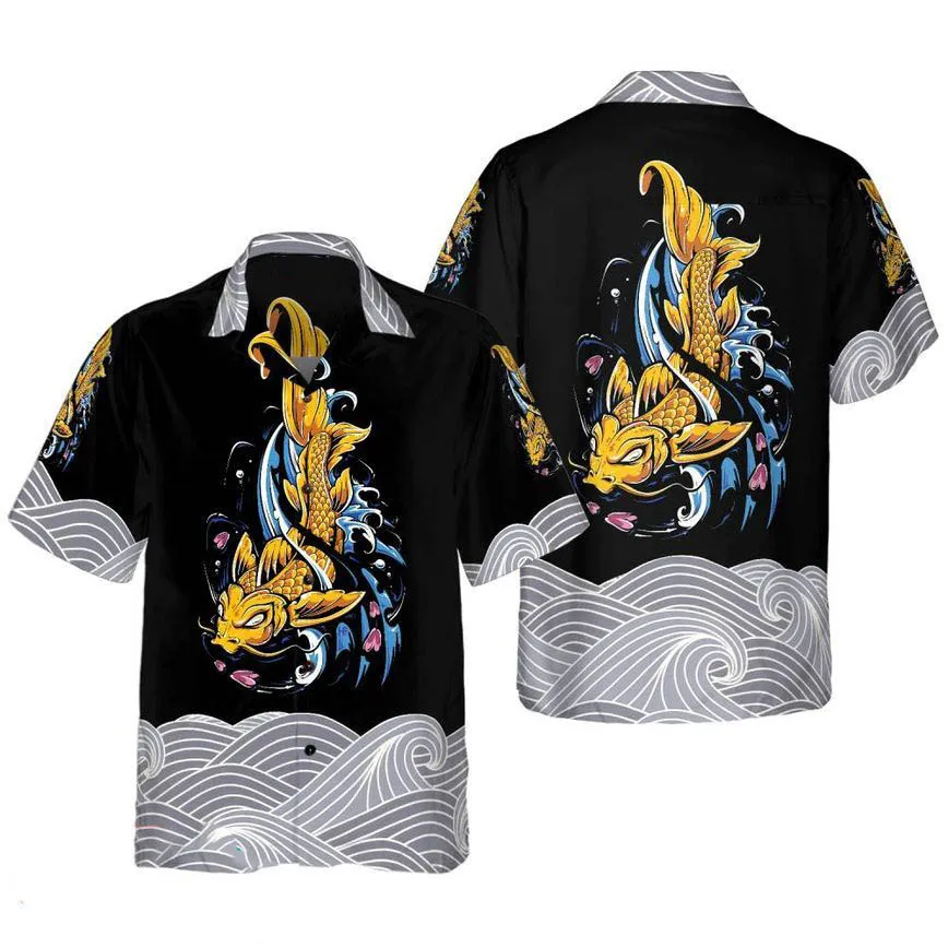 Fishing Wave Print Men's Shirt Summer Anime Vintage Lapel Hawaiian Beach Shirt Men's Casual Single Breasted Short Sleeve Top