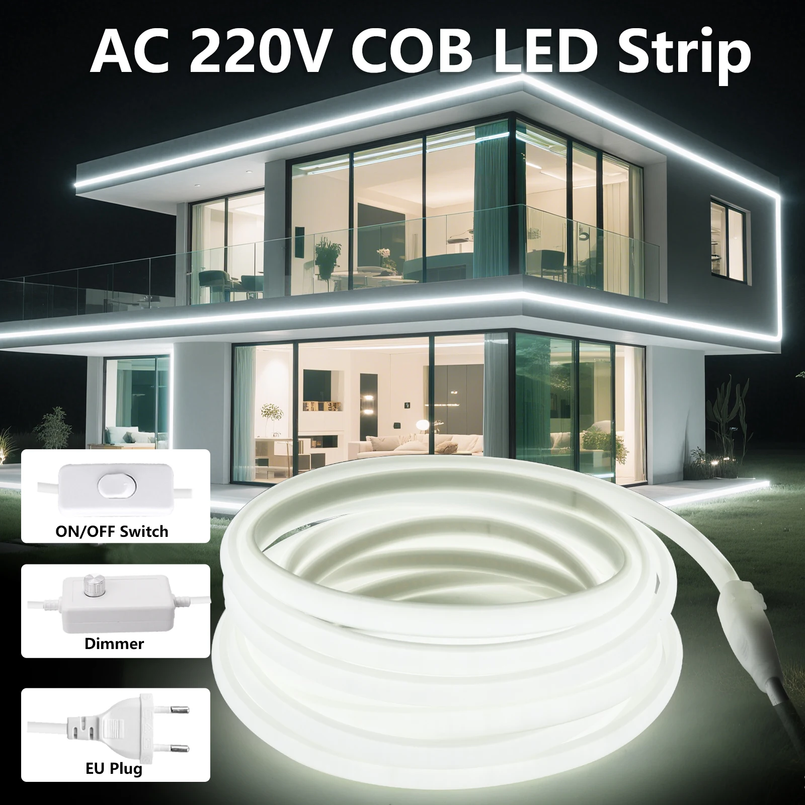 220V COB LED Strip Lights 288LEDs/m Waterproof LED Strip with Dimmer/Switch and Plug 0.5m 5m 10m 20m 35m Flexible Tape for Home