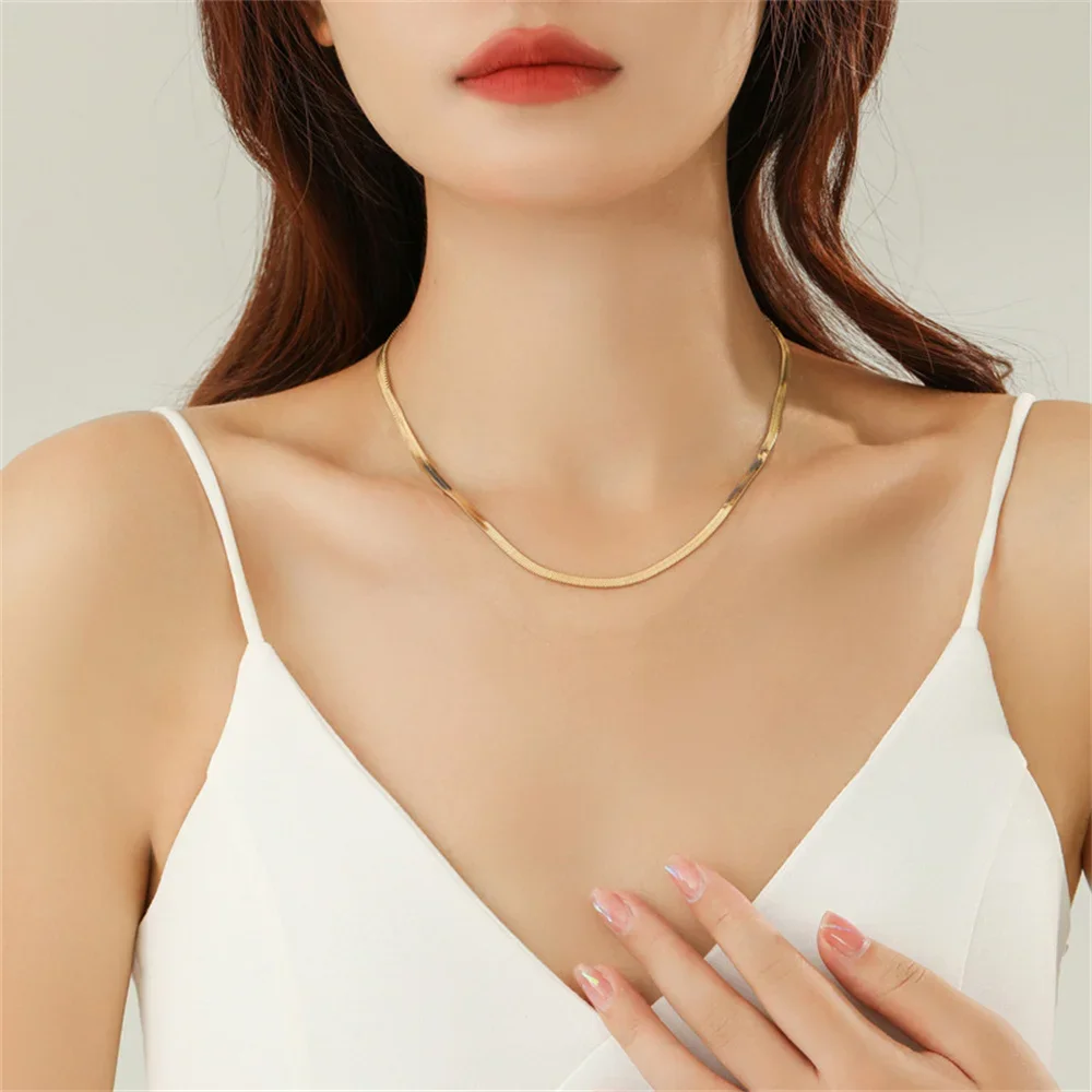 

Punk 3mm Flat Snake Chain Choker Necklace Gold Silver Color Stainless Steel 35+5cm Short Neck Chains For Women Jewelry X1344