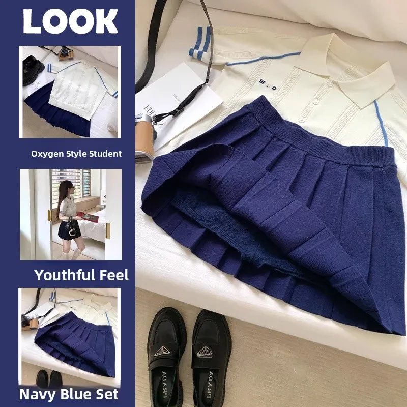 

Spring Summer Women's Faion Set ort Skirt Two-Piece Suite Miu Series Indigo irt High Waist Summer Striped Pattern