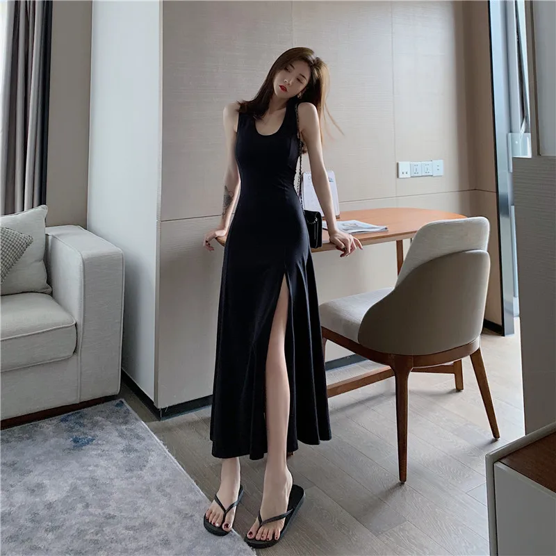 

Summer New Suspender Vest Dress, Waist, Thin Split Sexy Long Skirt, Women's Clothing Banquet, Small Black Skirt Evening Dress