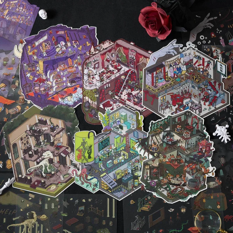 3-Sheet 3D Stereo Micro-Horror Scene Stickers, Vivid Spooky Scenes (Haunted Room, Creepy Forest) for DIY Crafts & Horror-Themed
