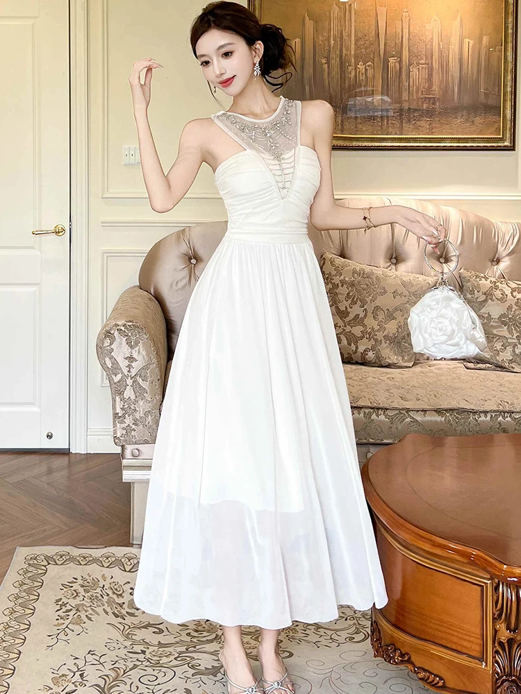 Summer White Patchwork Mesh Diamonds Neck-mounted Sexy Dress Women Elegant Luxury Long Dress 2025 Korean Bodycon Party Vestidos