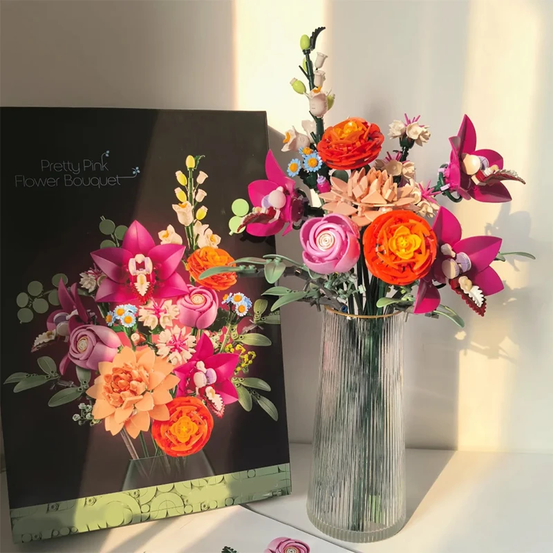 

Креативный красивый букет Zinfandel, строительные блоки, красивый розовый цветок, украшение для домашнего рабочего стола, игрушка в подарок для девочки, девочки, взрослых