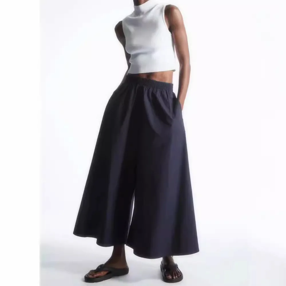 

Luxury Relaxed-Fit Navy Blue Stretch Waist-Side Wide-Leg Trousers Female Wide Oversized Pants