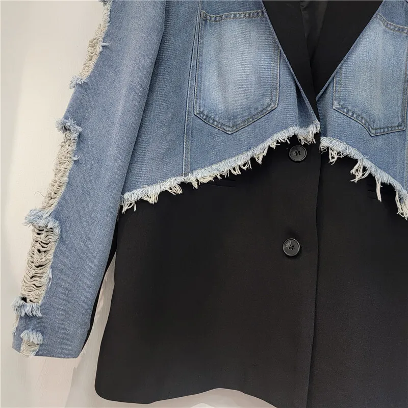 Spring Women Vintage Contrast Color Hole Denim Patchwork Black Suit Jacket Casual Notched Collar Long Sleeve Female Blazers Coat