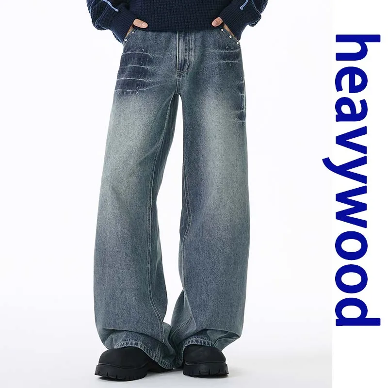 

Men's Autumn Contrasting Rivet Baggy Jeans Unisex Vintage American Style Straight Wide Leg Brand Hot Sale Casual Trousers