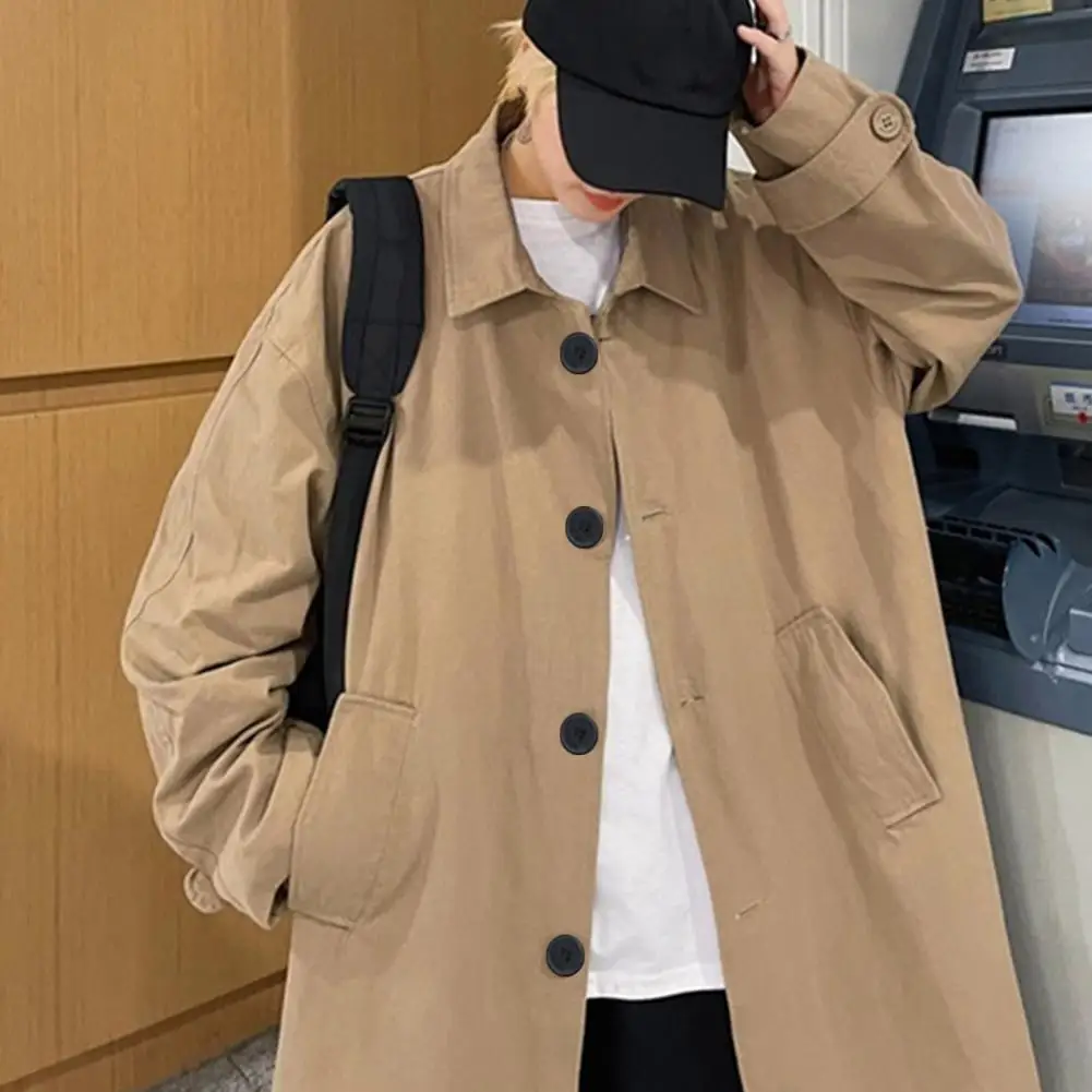 Men's British Style Long Jacket Single-breasted Lapel Long Sleeve Outdoor Casual High Street Male Coat Midi Outwear Mid-length