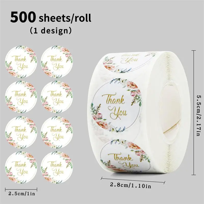 

500 шт., наклейки «Спасибо», рулон, 8 видов конструкций, красочные цветы, самоклеящиеся круглые наклейки с печатью для детского душа, подарки, конверты, карты