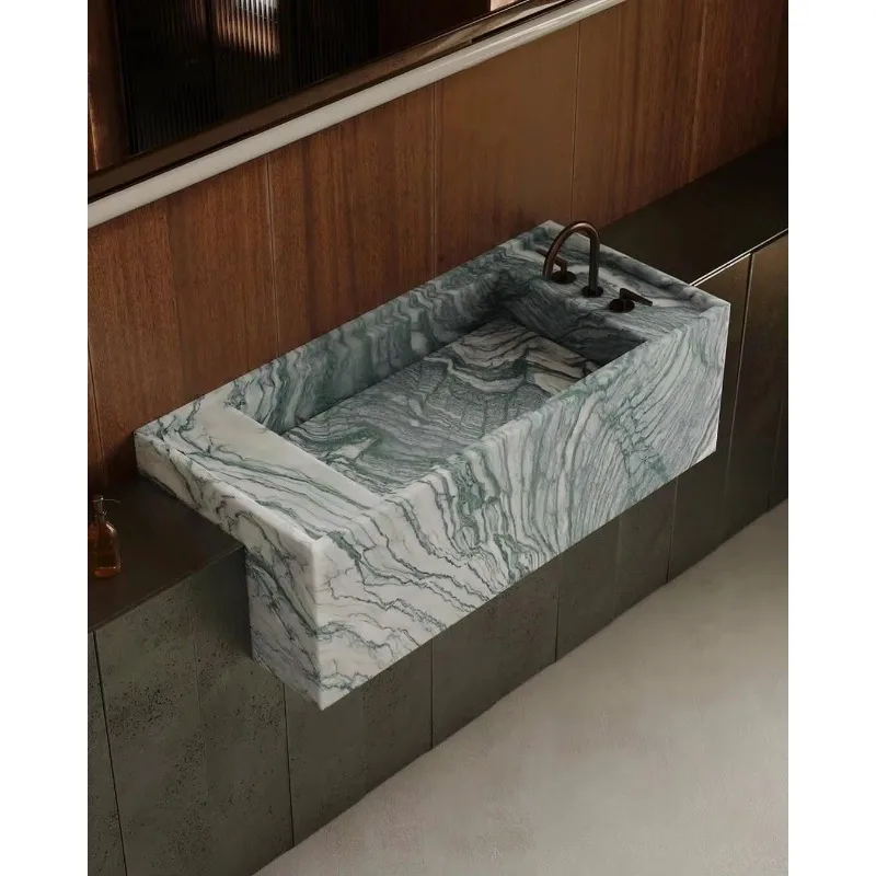 

Simple Green Marble Minimalist Modern Design Integrated Basin Bathroom Cabinet Set Sink