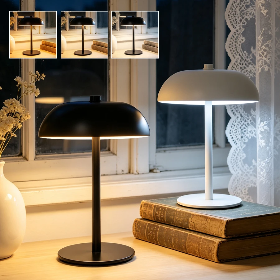 Lampada da Scrivania a Fungo Senza Fili, 3 Colori, Controllo Touch, Dimmerabile, Luce Notturna LED, Ricaricabile USB-C, per Camera da Letto, Soggiorno