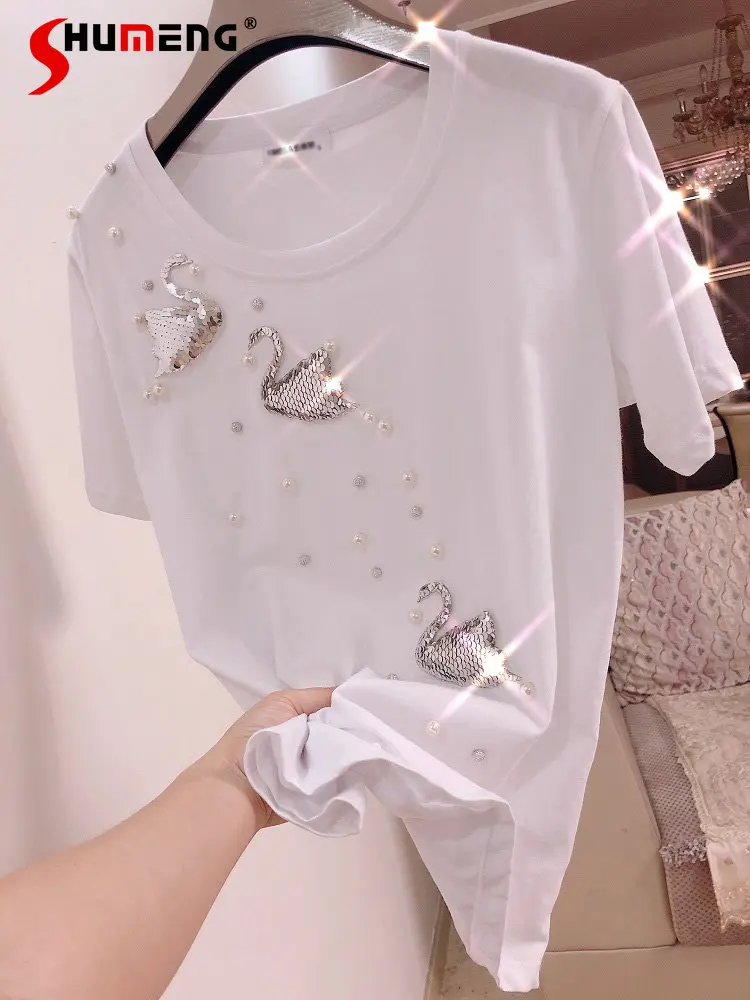 

Exquisite Shiny Sequined Swan Beaded Short Sleeve T-shirt 2023 Summer New Bottoming Shirt Loose Cotton T Shirt Top for Women