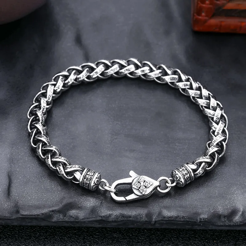 Real 925 Sterling Silver Bracelet Women Men 7mm Six Word Sutra Twist Weave Rope Link Vajra Lobster Bracelets 18cm/20cm Length