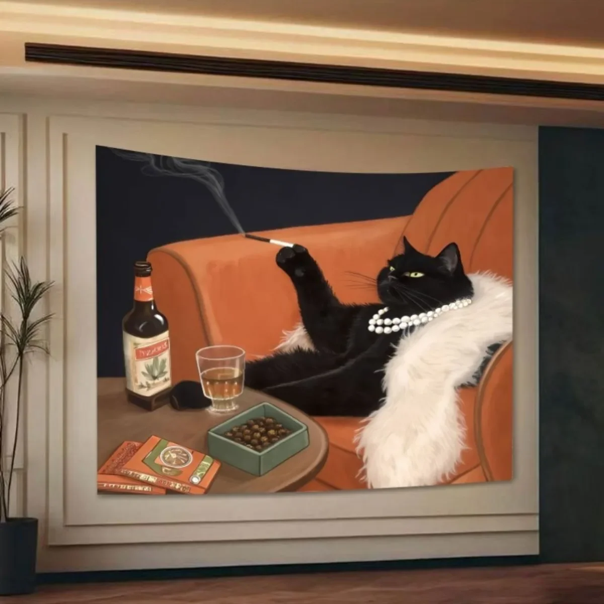 2D Flat,1pc Printed Tapestry, Luxury Black Cat Relaxing on Sofa Pattern, Wall Decor, for Living Room,Bedroom