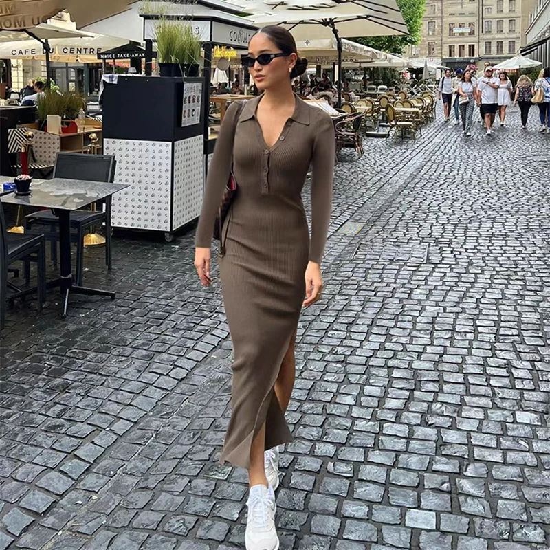 

Women's Coffee Ribbed Knit Polo Neck Long Sleeve Side Slit Fitted Elegant Casual Daily Fashion Maxi Dress