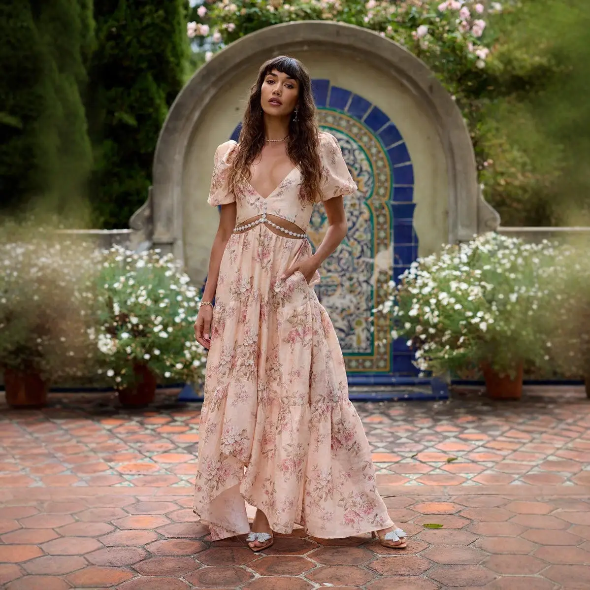 Sexy perla Nelace impreso abertura alta V-Ne Dr con Flng Sve tela de poliéster ort Sve cintura alta primavera Dr