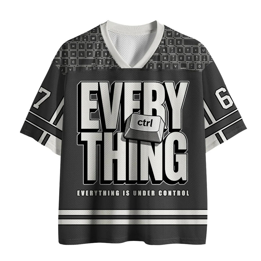 Retro Mesh V-neck T-shirt Ctrl Keyboard Fun 3D Printing Daily Commuter Large Loose Street Trendy Versatile Short Sleeve Top