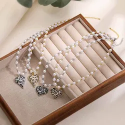 HECHENG Artificial Pearls Beaded Necklace 18K Golden Plated CZ Gemstone Heart Leopard Dot Pendant Necklace Ladies Jewellery