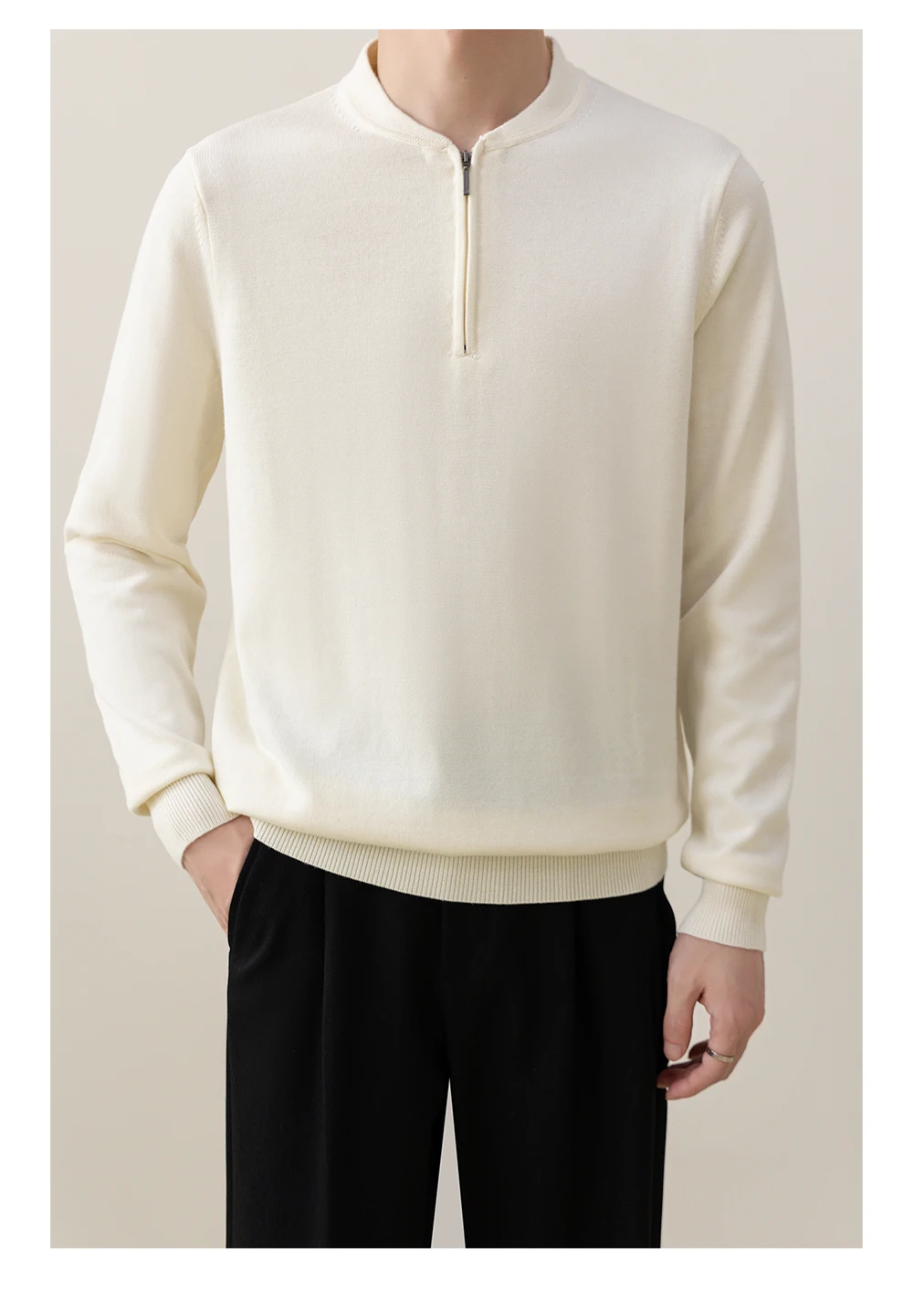 Autumn Winter Commuting Style Men's Black Off-White Half-Zip Turn-Down Collar Sweater Business Casual Navy Blue Coffee Sweater