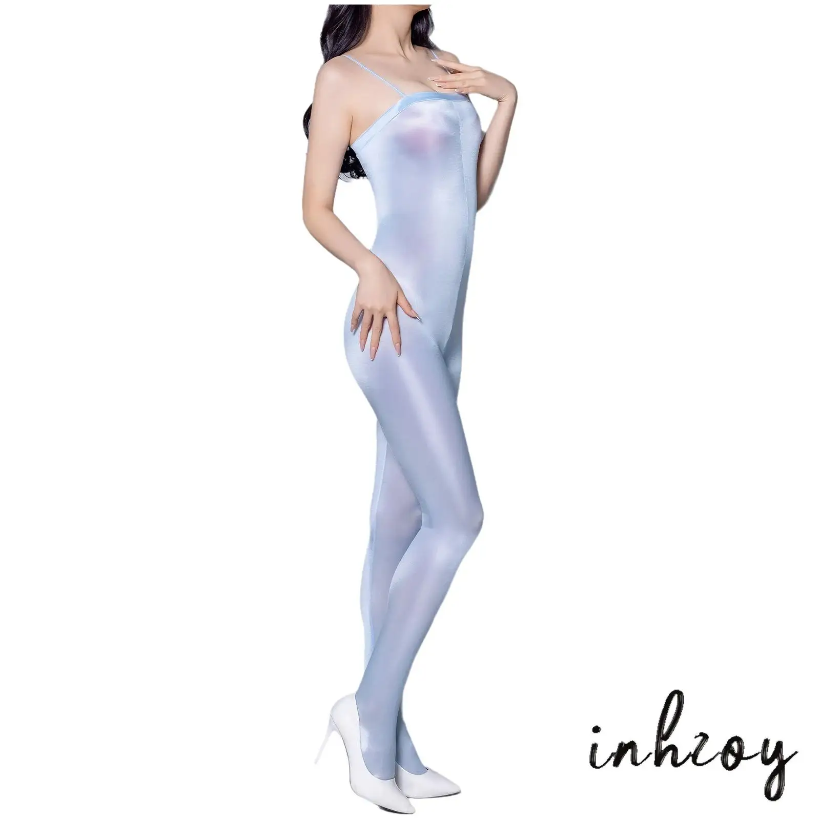

Womens Glossy Sling Bodysuit Double-end Zipper Crotch Bodystockings Footed Leggings See Through Nightwear Clubwear