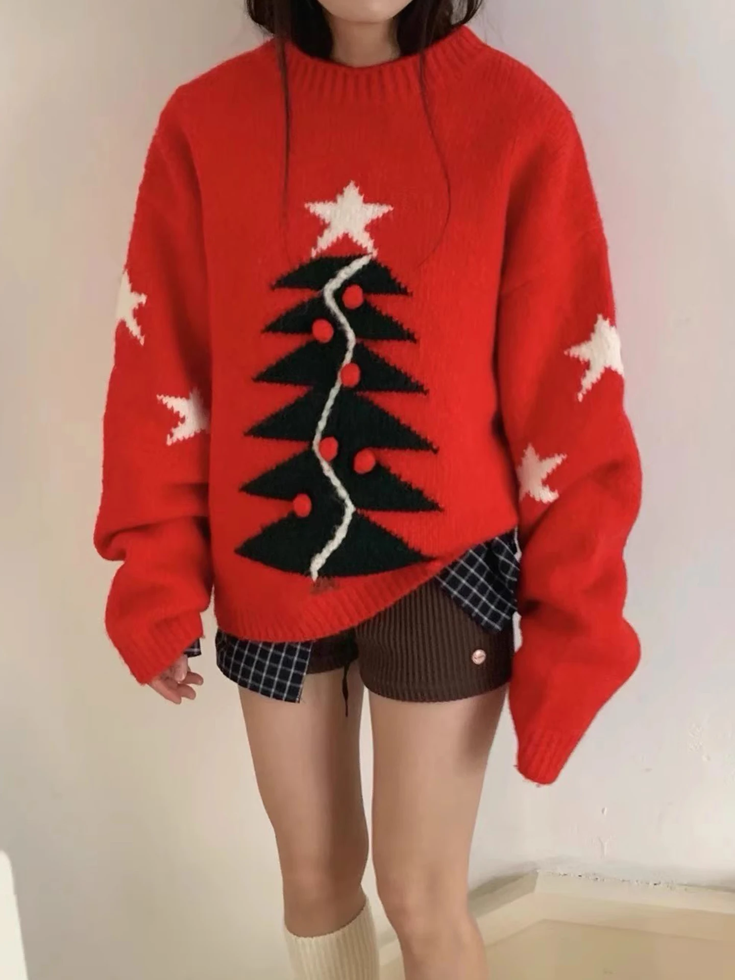 レトロなシサスツリー刺繍入りカラーブロロングスリーブレディースニットウェアスタープリントトップ冬新作通勤ルーズフィット