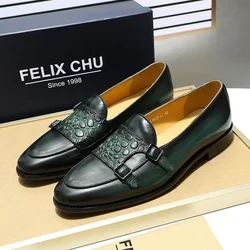 Classic Cow Genuine Leather Men's Loafer Shoes Slip-on Double Buckles Green Black Shoes Wedding Party Formal Shoes for Men