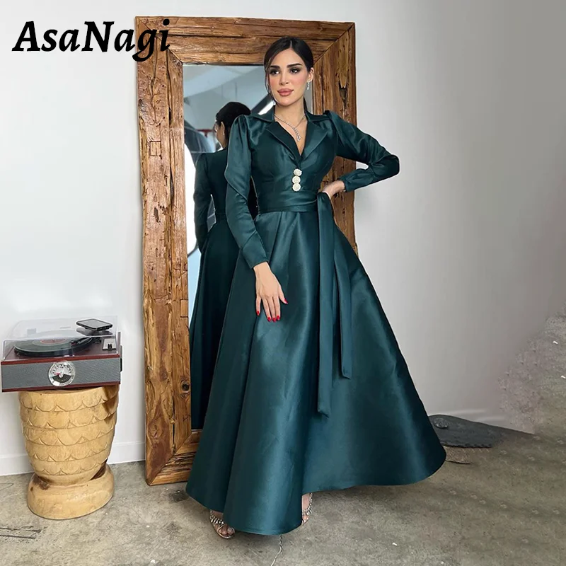 

AsaNagi Satin A-Line Prom Dress Women's V Neck Button Up Party Evening Gown Floor Length Long Sleeve Special Occasion Gowns 2025