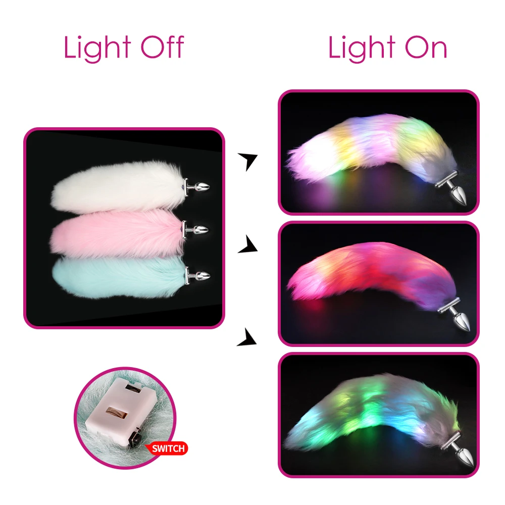 Metal Stainless Glow Steel New Detachable Led Cosplay Luminous Fox Tail Anal Butt Plug Sex Toys For Woman Man Couple