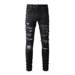 Men's Black Distressed Bandanna Patchwork Holes Repaired Skinny Stretch Moustache Slim Fit Ripped Jeans Men