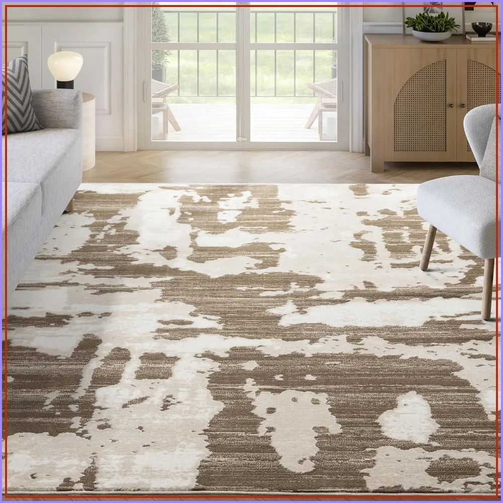 Abani Terra Area Rug 6x9 ft for Living Room Bedroom Abstract Brown Cream Durable Easy Clean