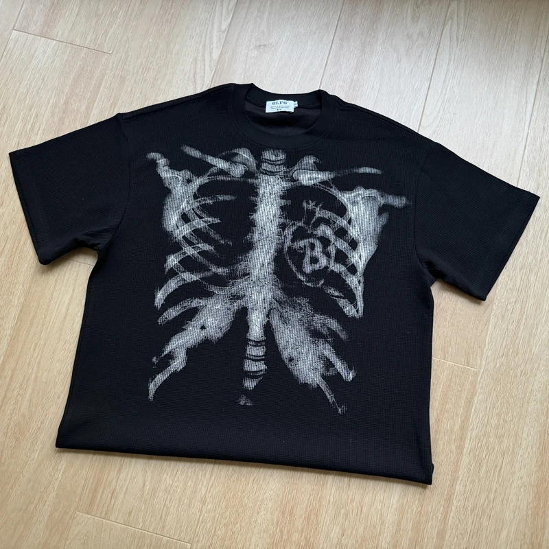 Waffle Fabric Skeleton Skulls Print Black Apricot T Shirt Men Women Loose Casual High Quality Quick Dry Short Sleeve Tops Tee