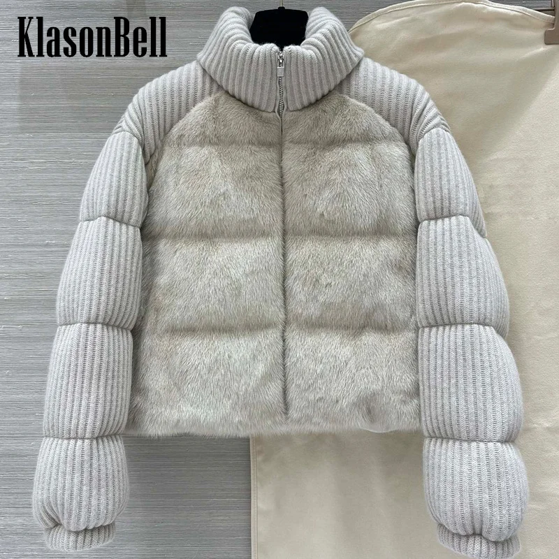 9.9 KlasonBell Women\'s Luxury Mink Spliced Cashmere Knit Down Jacket Stand Collar Goose Down Thick Keep Warm Loose Outerwear