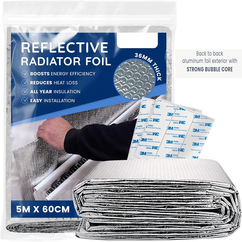 Lámina reflectora de radiador, paneles de radiador de 5m x 60cm y 36mm de espesor, rollo de lámina de ahorro de energía, envoltura de burbujas, aislamiento, Deflector de calor