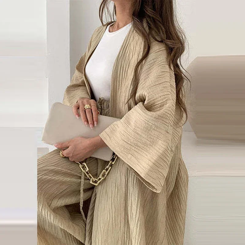 Elegant Female Loose Solid Color Outfits 2023 Women\'s Autumn Suits Lady Pleated Texture Top+Straight Casual Pants Two-Piece Sets