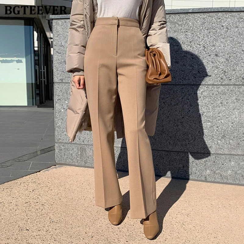 BGTEEVER Elegant Loose Female Woolen Trousers High Waist Single Button  Thicken Warm Suit Pants Women Autumn Winter