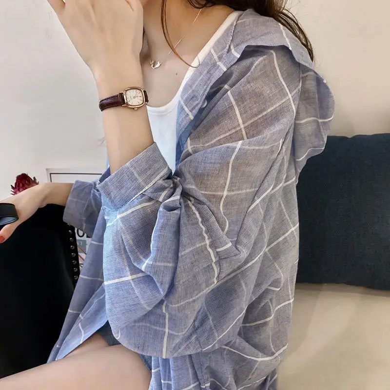 Loose Plaid Shirt Women's Mid-Length Korean Style Spring Fashion Soft Satin Fabric V-Neck Princess Sleeve Hong Kong Flavor