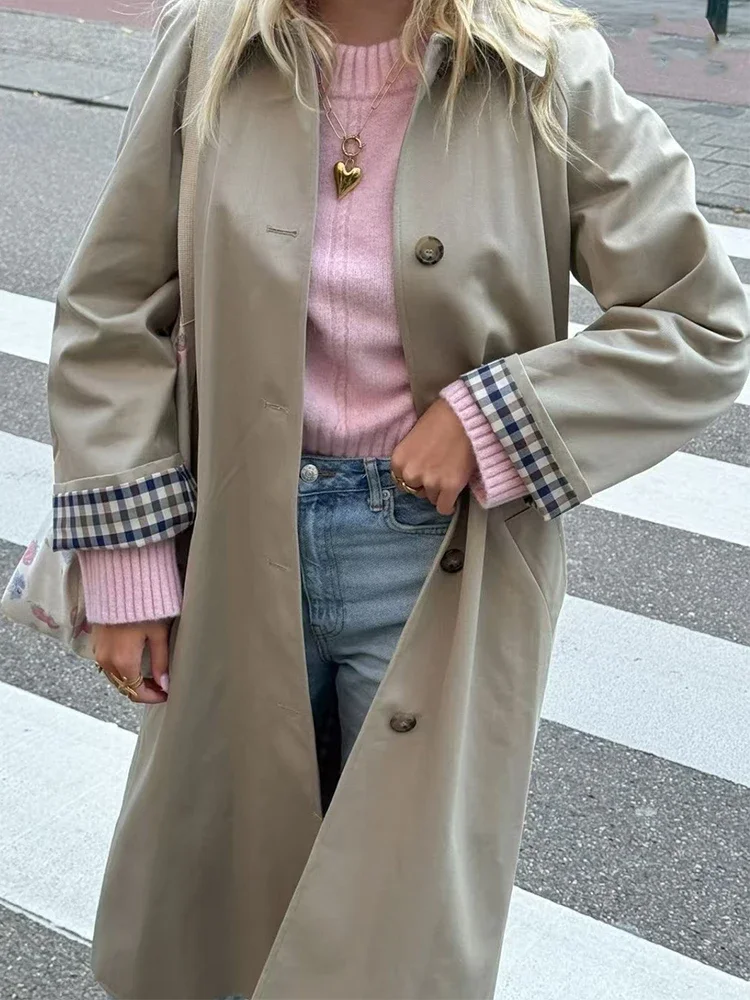 

Single Breasted Lapel Trench Coat with Pocket 2024 Women Versatile Long Jackets Plaid Lining Winter Coats